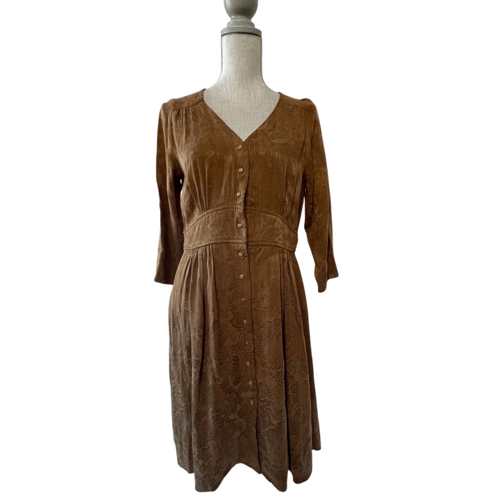 Louizon brocade brown 3/4 sleeve vintage style dress floral print